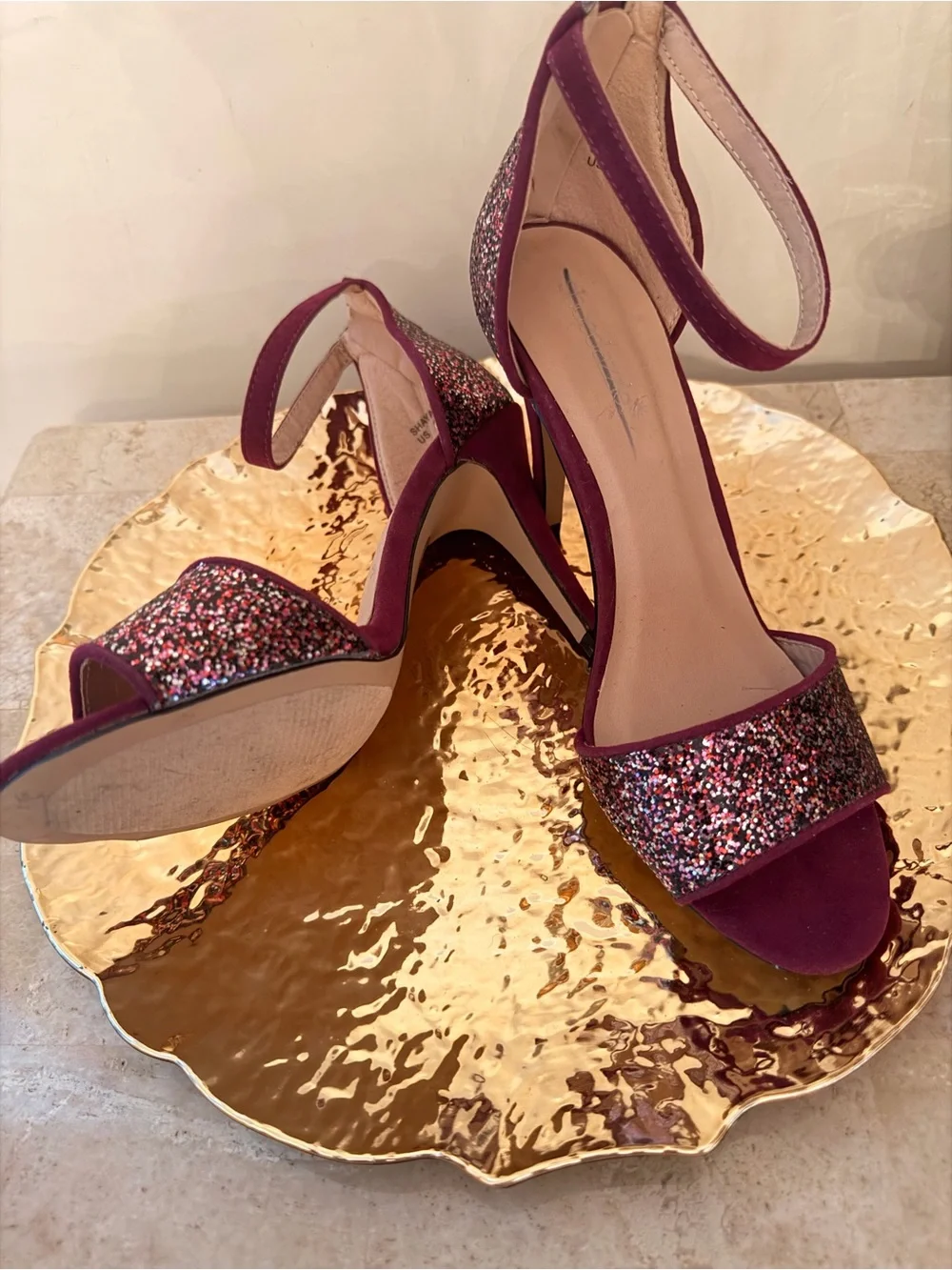 Shoe Dazzle Burgundy Glitter Ankle-Strap Heels NWOT